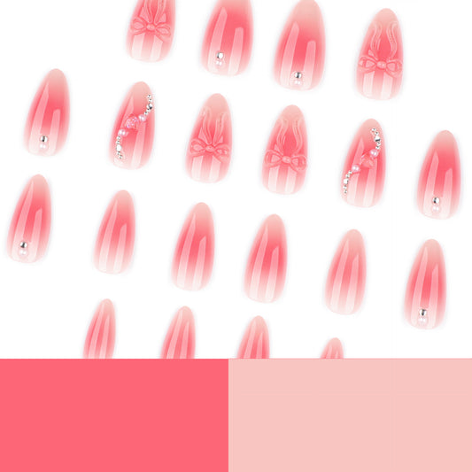 Almond Press On Nails Pink Ombre Design, 3D Bow & Pearl Decor, Glossy Reusable Fake Nails Full Kit for Women Daily Party Wedding 24Pcs