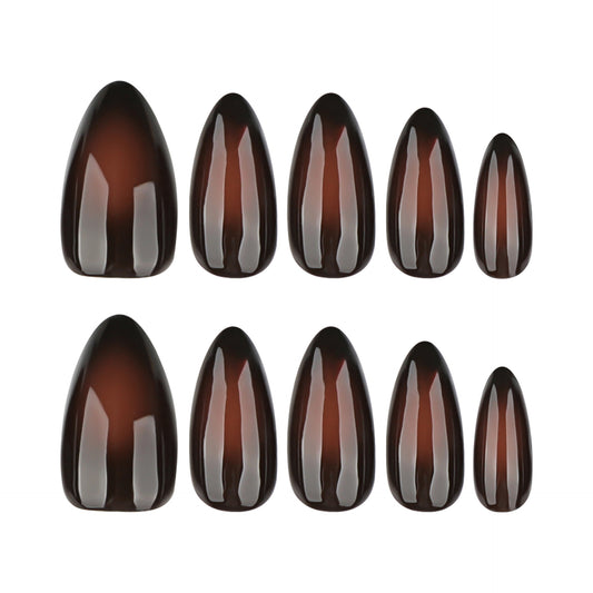Almond Press On Nails Long Brown Ombre Design, Glossy Chocolate Gel Finish Fake Nails, Reusable Acrylic Full Manicure Kit for Women Daily Office Party 24Pcs