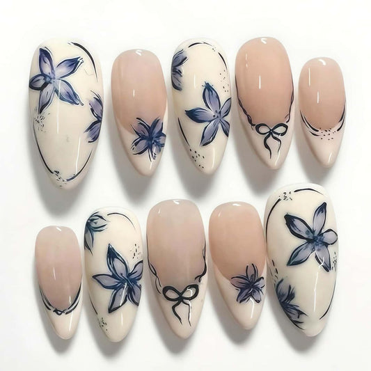 Almond Press On Nails Blue White French Porcelain Floral Design, Glossy Reusable Fake Nails Full Kit for Women Daily Party Wedding 24PCS
