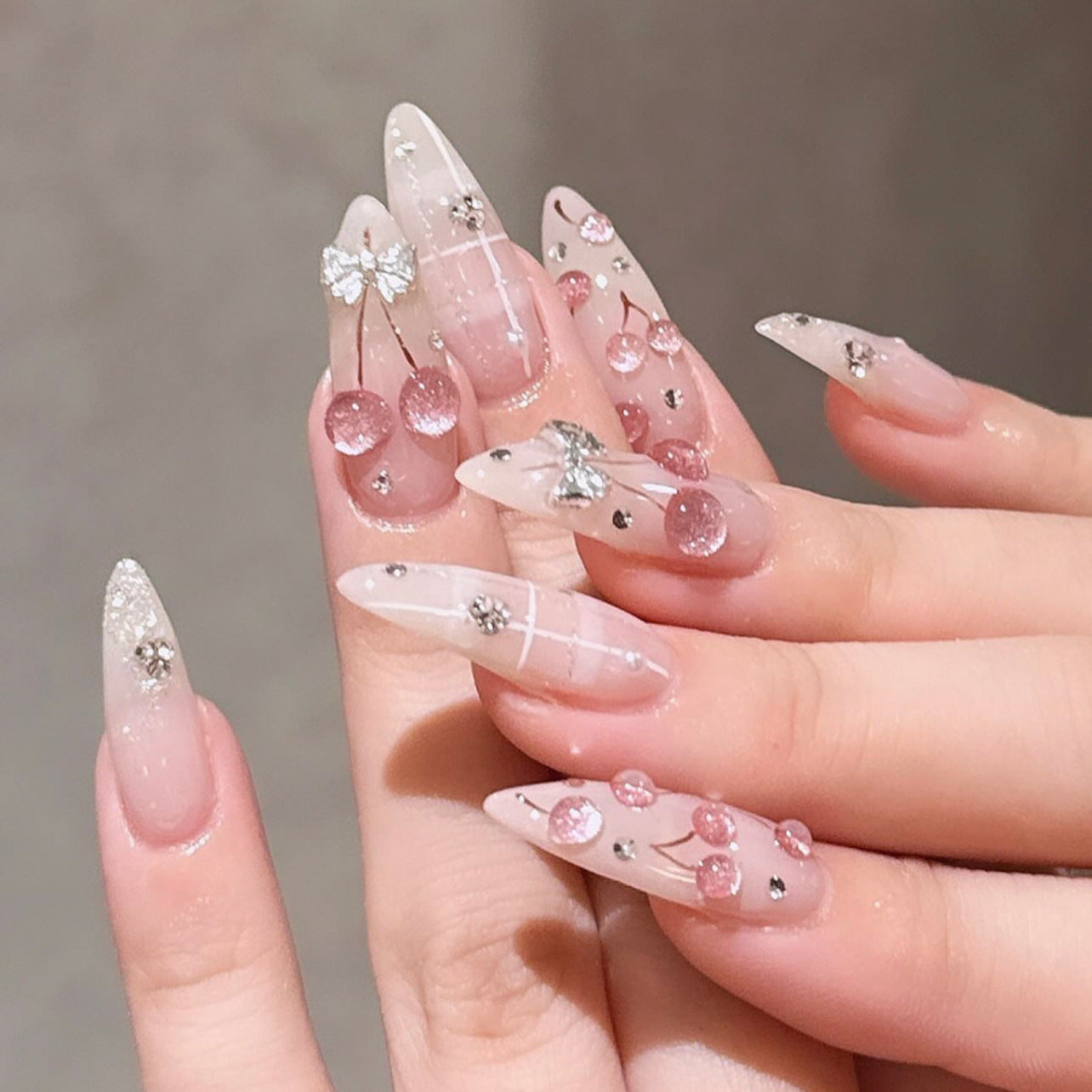 3D Pink Cherry Nails
