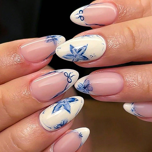Almond Press On Nails Blue White French Porcelain Floral Design, Glossy Reusable Fake Nails Full Kit for Women Daily Party Wedding 24PCS