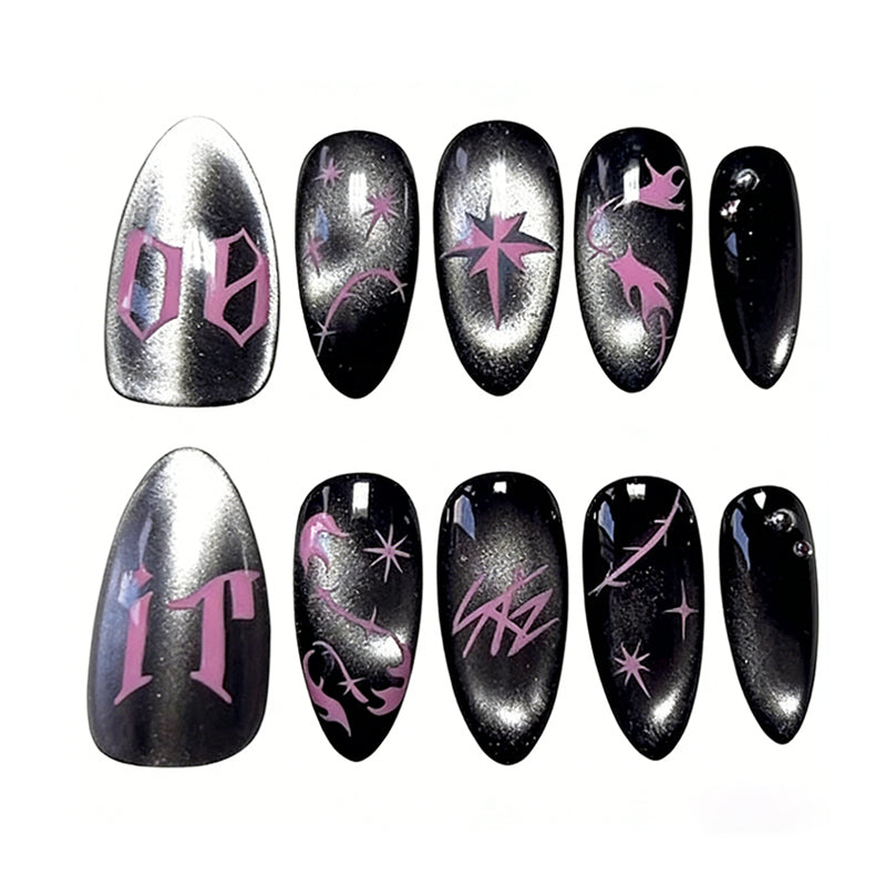 24Pcs Medium Almond Press On Nails Black Chrome with Pink Gothic Graphics, Star Accents Flame Details, Glossy Reusable Acrylic False Y2K  Nails Kit for Women Girls 