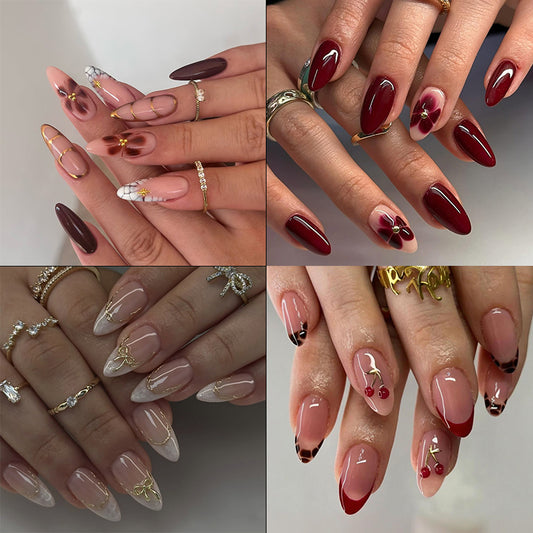 96Pcs Long Almond Press On Nails 4-Style Burgundy Nude Ombre Cherry Gold Bow, Glossy Reusable Acrylic False Nails Kit for Women Fall Wedding Formal Wear