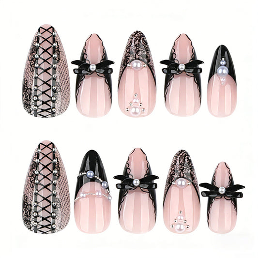 Black Lace & 3D Bow Y2K Nails