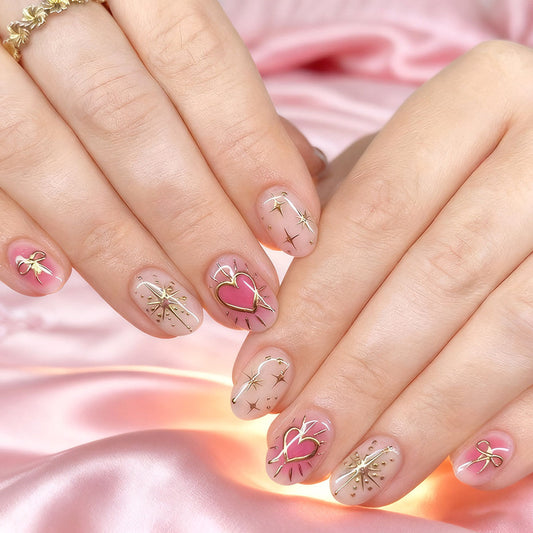Pink Heart & Gold Starburst Press On Nails | Sweet Romantic Manicure Set