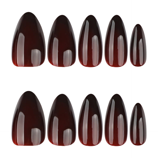 Medium Almond Press On Nails Burgundy Red Glossy Fake Nails Reusable Acrylic False Nails Full Kit for Women Daily Office Party Holiday Use 24Pcs