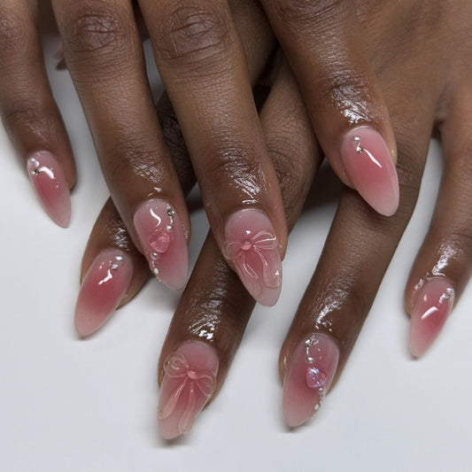 Almond Press On Nails Pink Ombre Design, 3D Bow & Pearl Decor, Glossy Reusable Fake Nails Full Kit for Women Daily Party Wedding 24Pcs