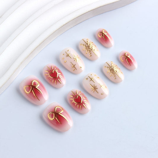 Pink Heart & Gold Starburst Press On Nails | Sweet Romantic Manicure Set